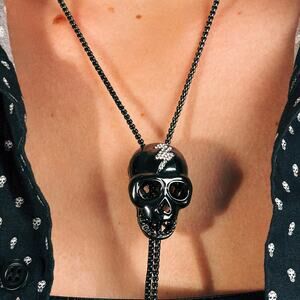 David Bowie Gunmetal Skull Pendant Bolo Cord Necklace
